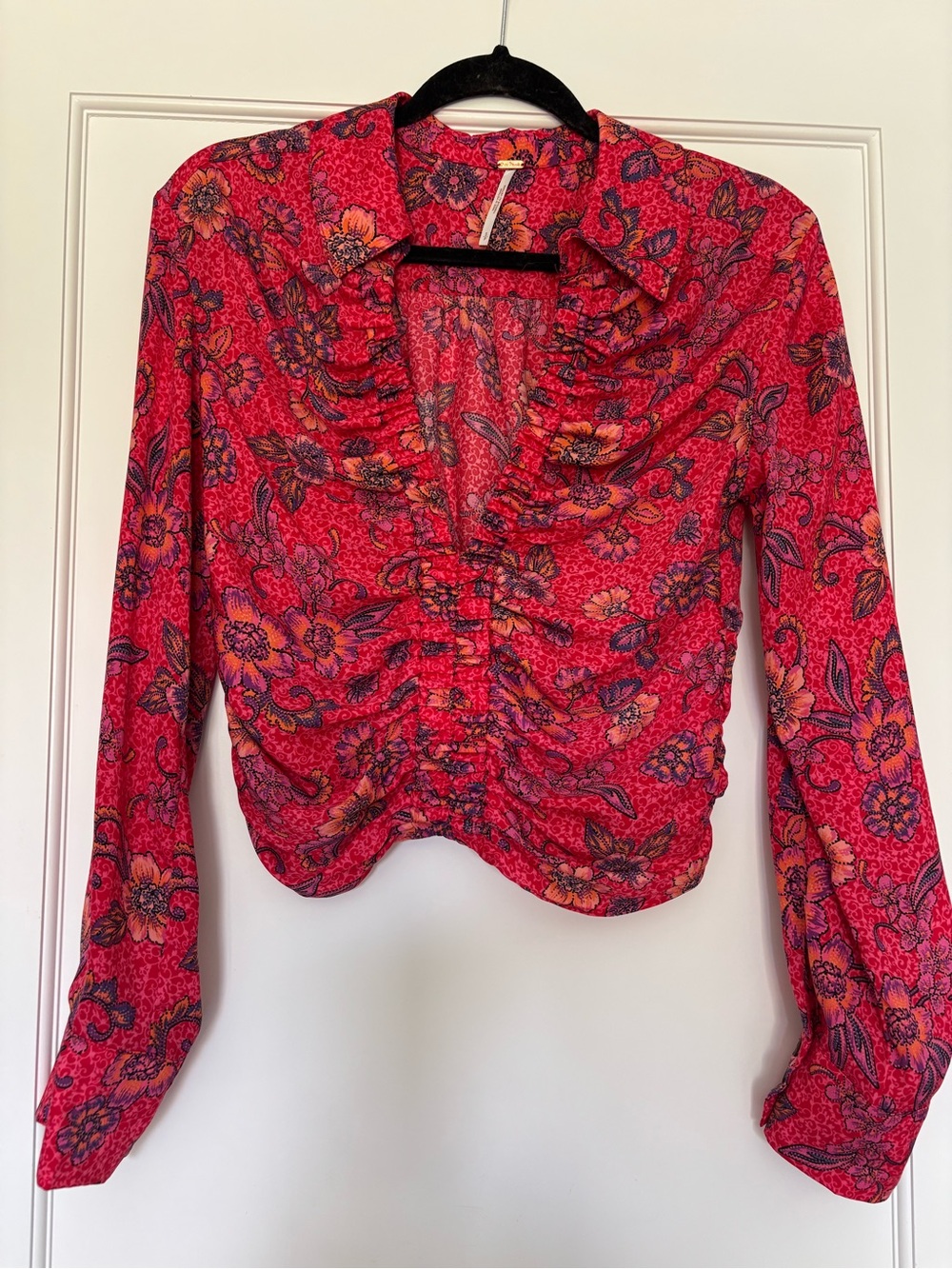 Free People Red Floral Ruched Long Sleeve Button Front Blouse